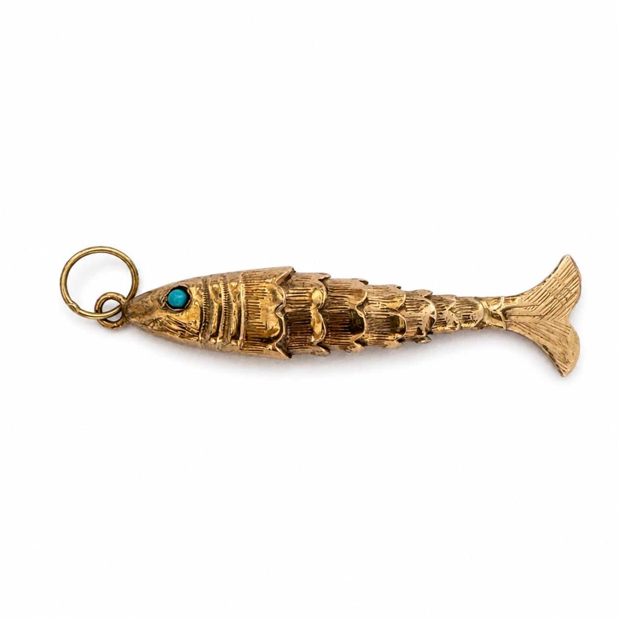 Vintage 18k Gold Articulated Fish Pendant, Moving Fish Charm, Turquoise Eyes, Mid Century 18 ct Gold Lucky Charm, Nautical Jewellery