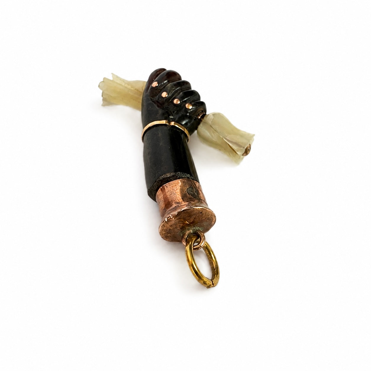 Antique Horn Figa Pendant, Victorian Mano Fico Charm, Mother of Pearl Rosebuds, Protective Amulet, Folk Talisman, Lucky Hand Charm