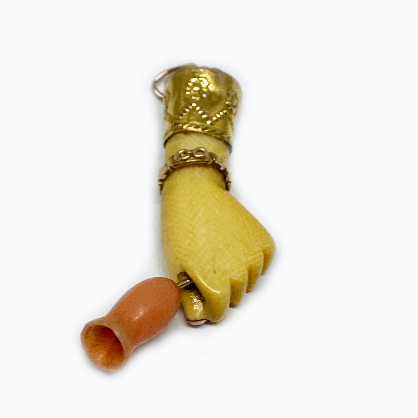 Antique 9k Gold Bone Figa Pendant, Victorian Coral Flower Amulet