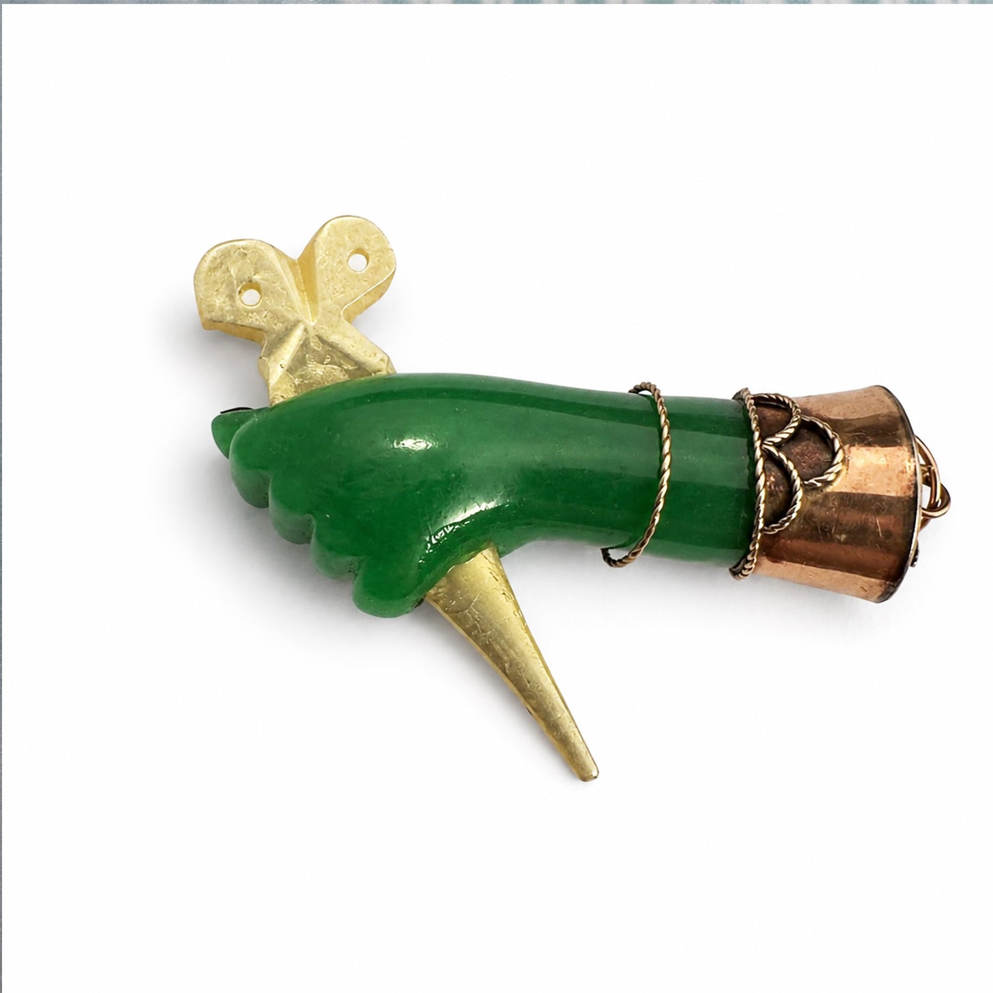 Vintage 14k Gold Green Figa Pendant, Mano Fico Lucky Charm, Mother of Pearl Scissors Charm, Protective Hand Amulet, 1950s Jewellery