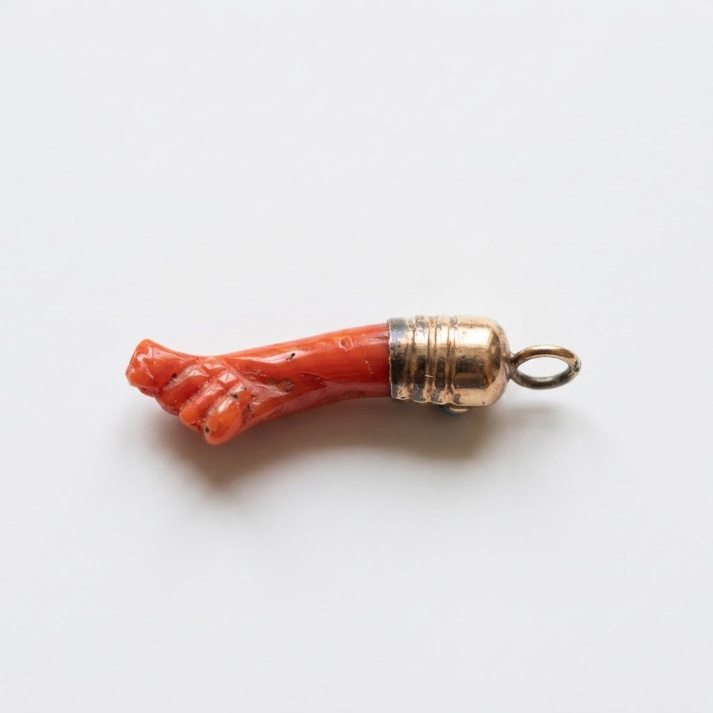 Antique Victorian Natural Coral Figa Pendant, Hand Carved Mano Fico, Gold Plated Hand Amulet, Lucky Talisman Charm, 19th Century Coral Hand