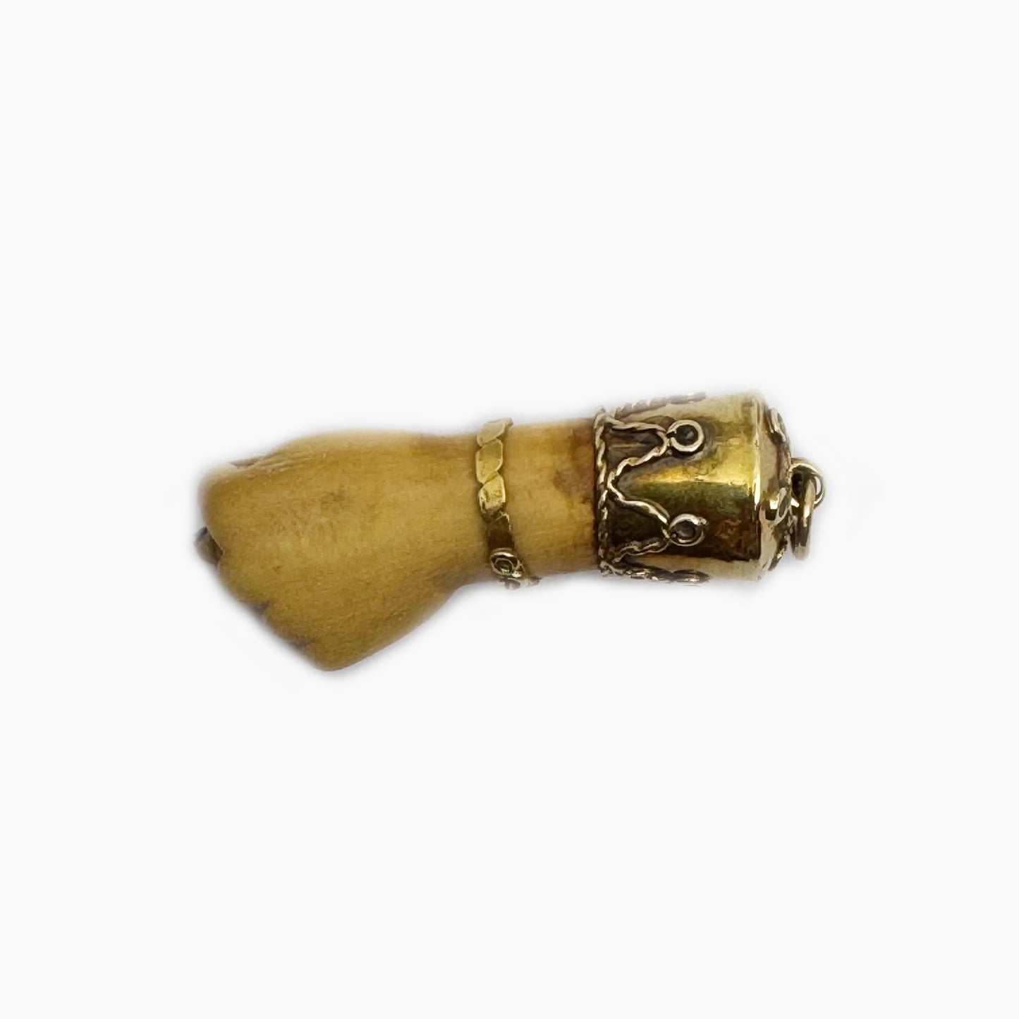 Antique Victorian Bone Figa Mano Fico Pendant, 18k Gold Mounted Hand Amulet, c.1800s Lucky Charm