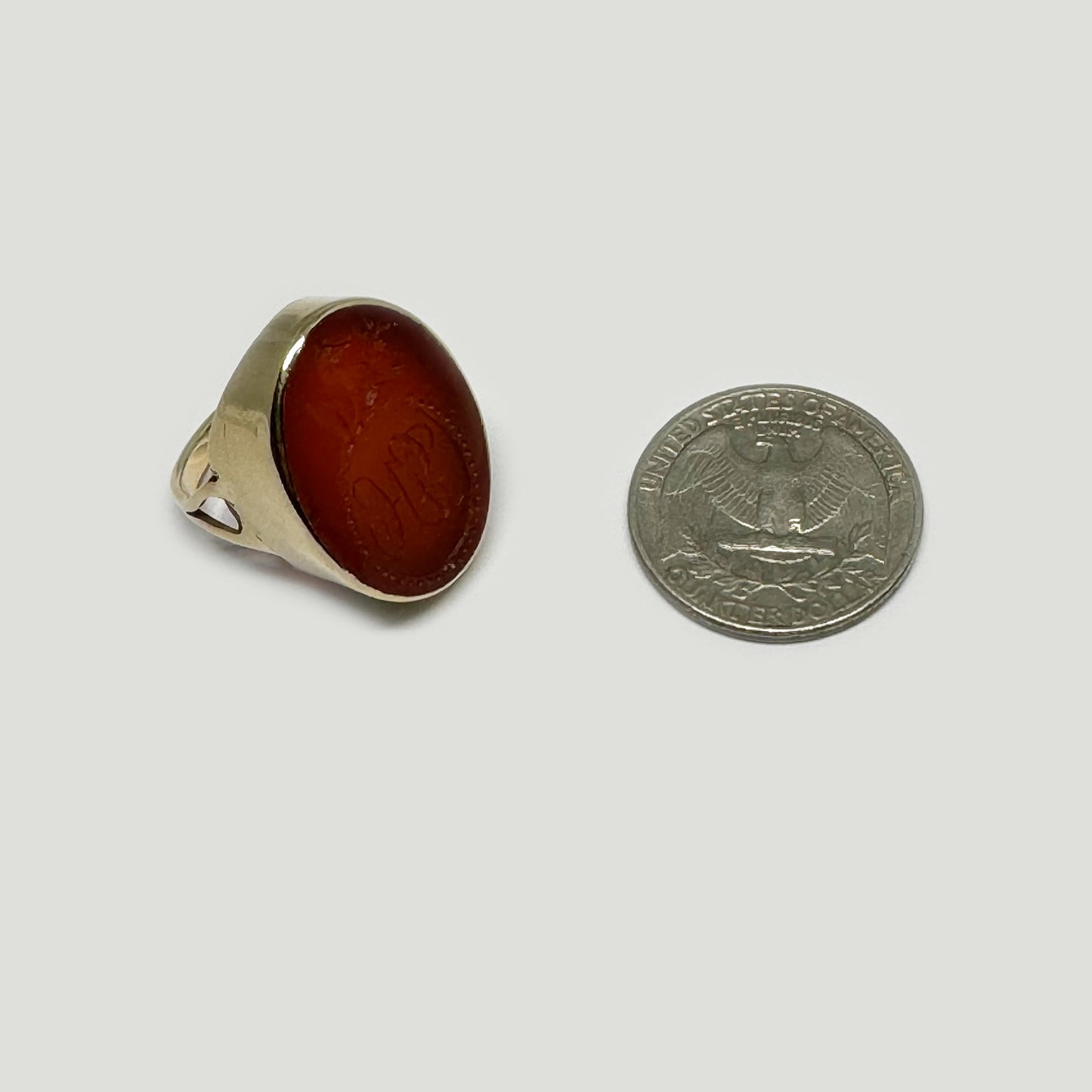 Antique 9k Gold Carnelian Intaglio Ring, Heraldic Coat Of Arms Motto, Edwardian Signet Ring, Family Crest Signet Ring, Seal Ring