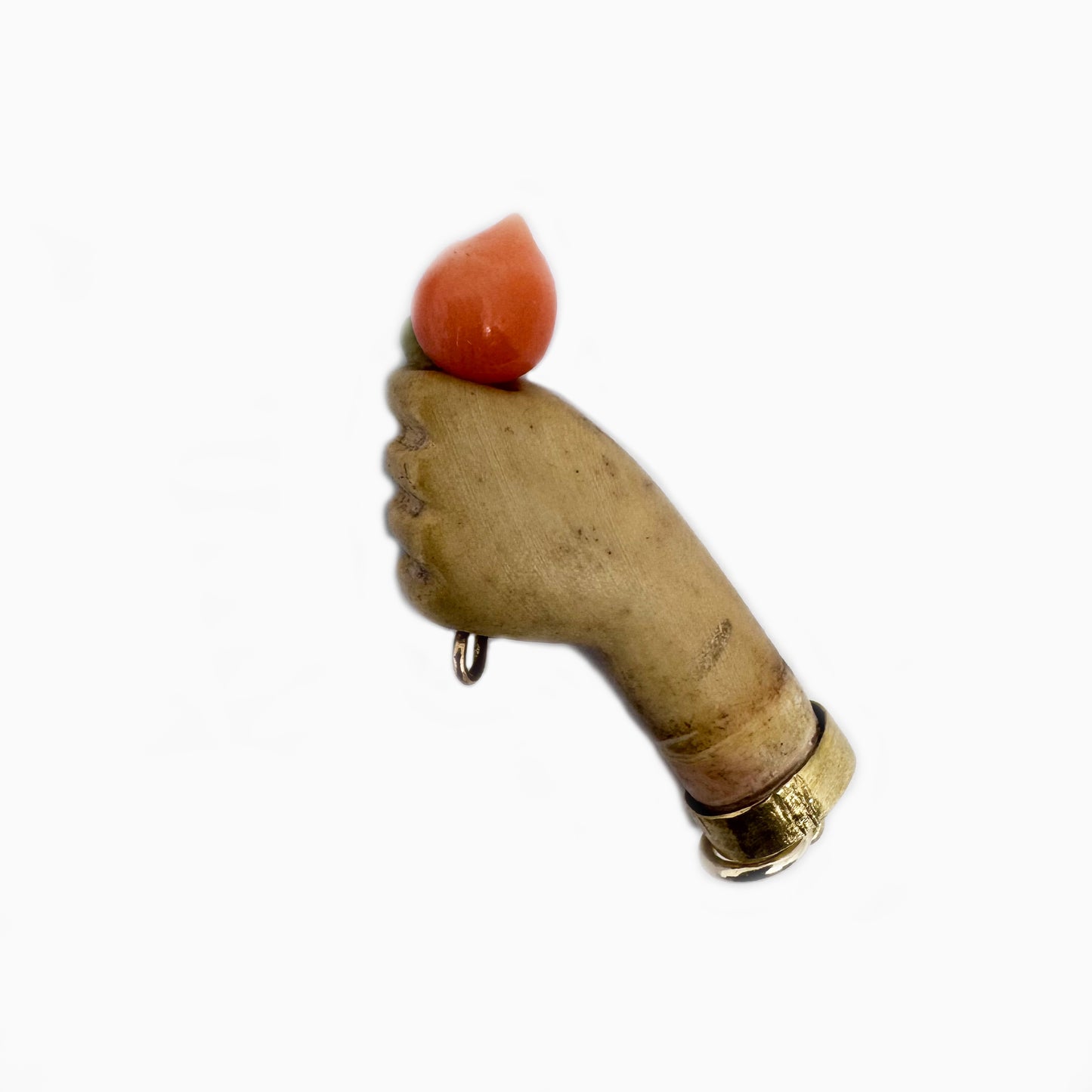 Victorian Bone Figa Pendant, 9k Gold & Coral, Mano Fico Amulet