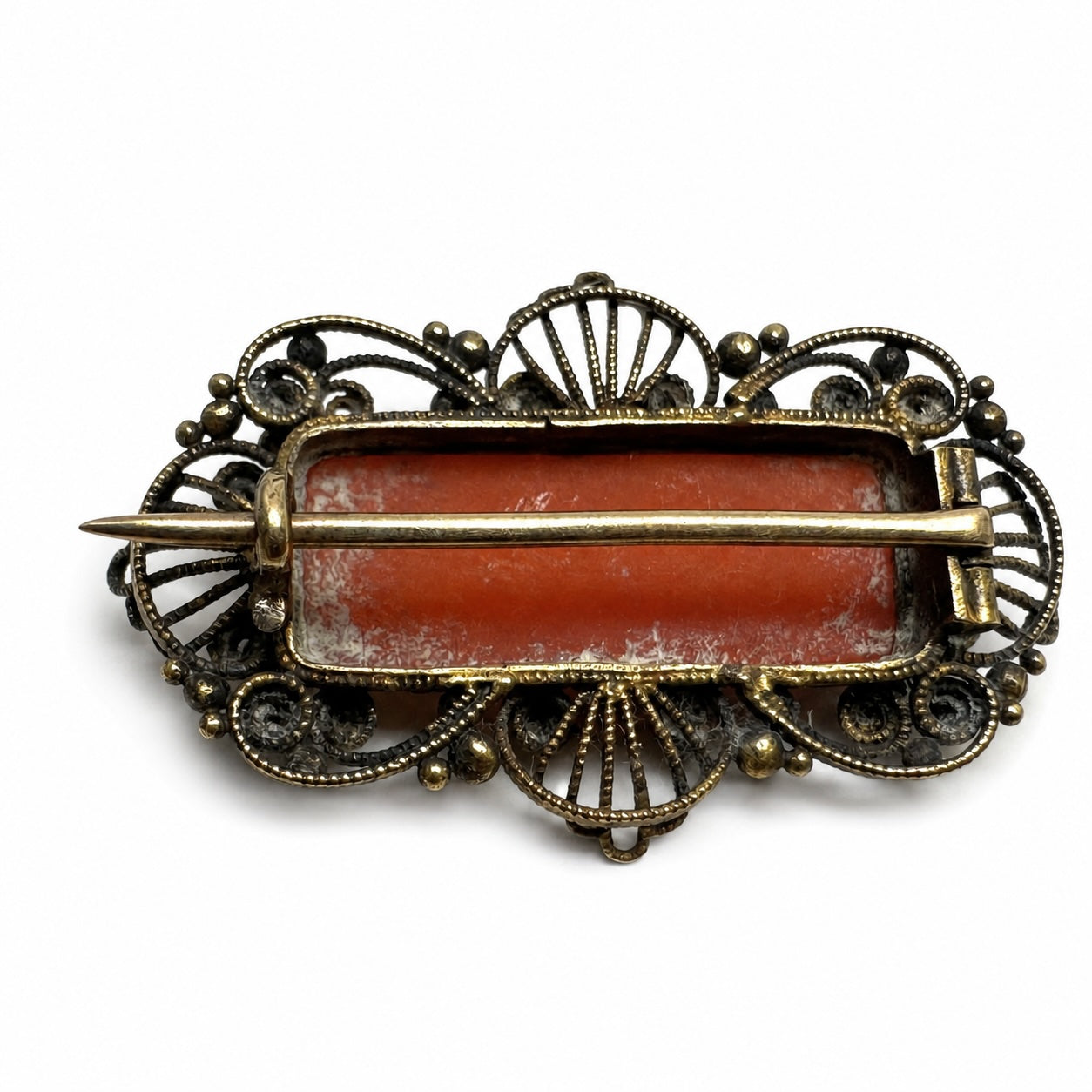 Georgian Coral Brooch 14K Gold Filigree Lace Pin, Hand Carved Natural Coral, Regency Fichu Pin, Antique Coral Jewellery, c.1820