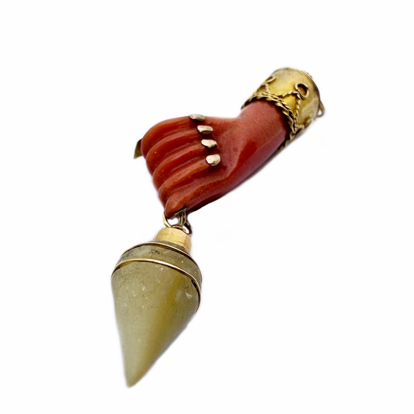 Vintage 14k Gold Mano Fico Pendant, 14 ct Gold Galalith Mother of Pearl Figa, Italian Good Luck Hand Charm