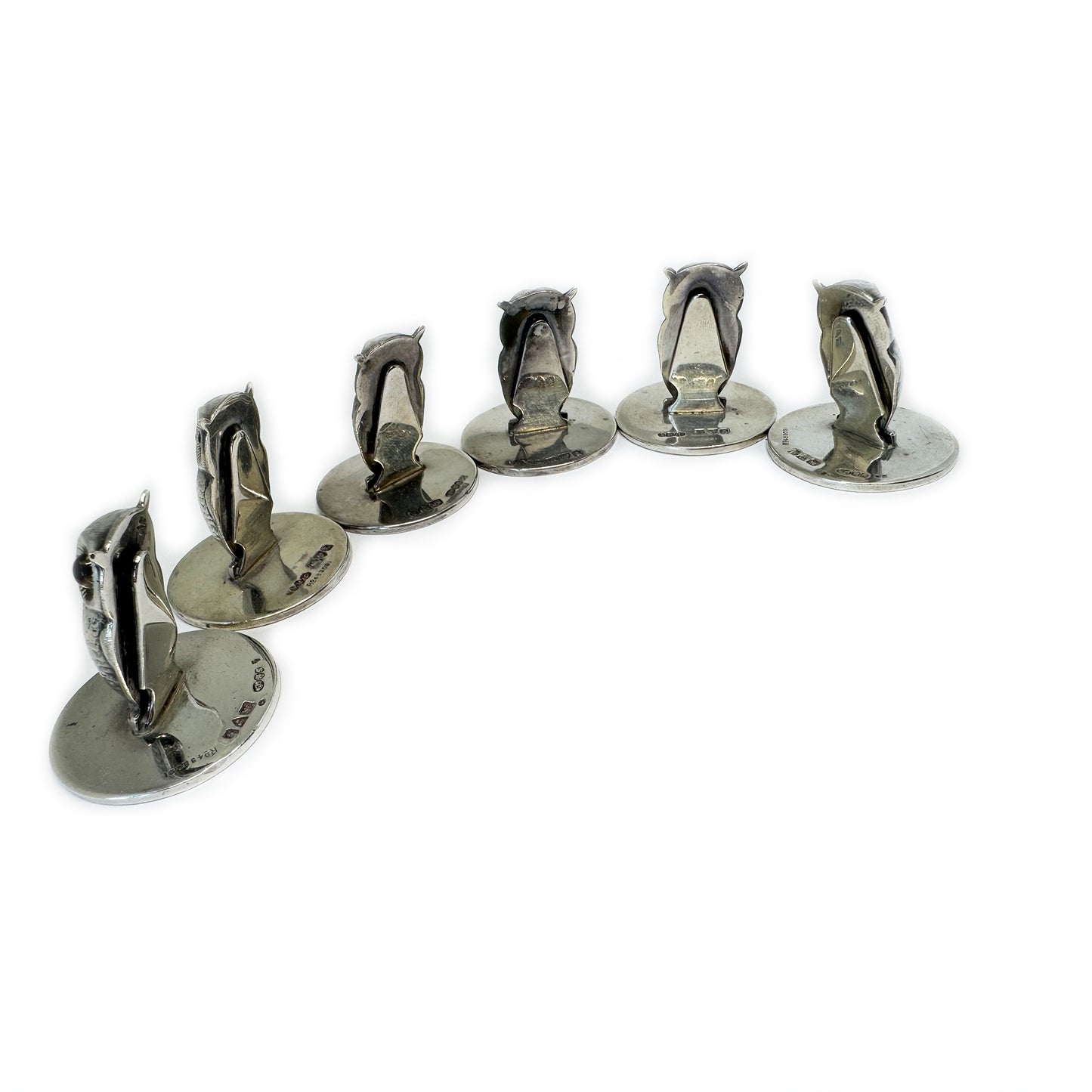 Antique Sterling Silver Owl Menu Holders, Set of 6 S Mordan Chester, 1905 Edwardian Place Card Holders, Glass Eyes, Hallmarked Silver