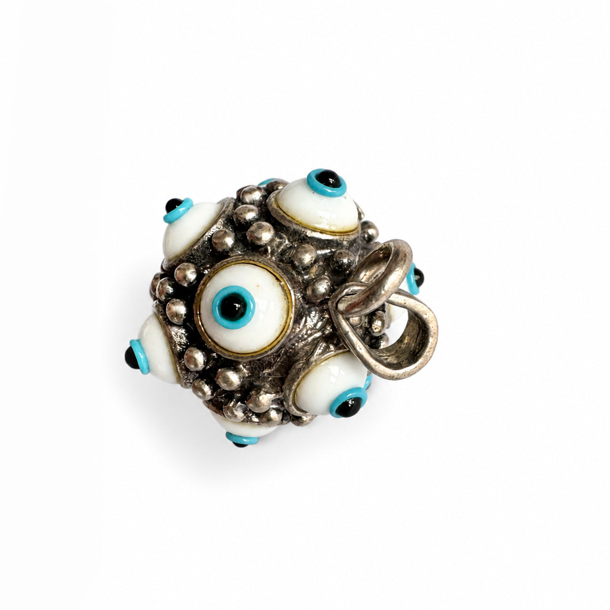 Vintage 925 Sterling Silver Multi Evil Eye Pendant, 12 Glass Nazar Eyes, Hollow Orb Protection Amulet, Unisex Jewelry