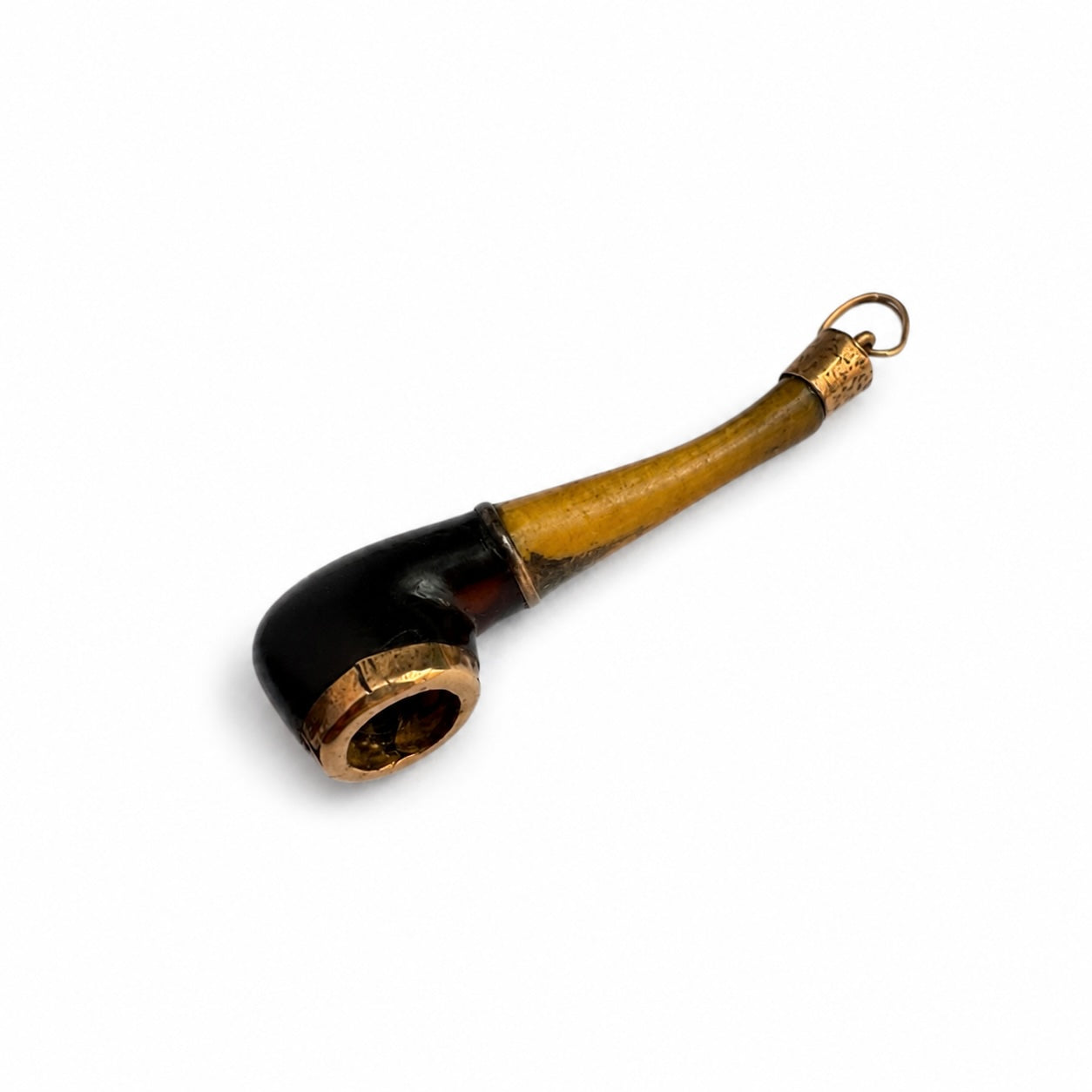 Vintage Stained Horn Pipe Charm Pendant 1950s, Gold Plated Tobacco Pipe Fob Miniature, Smoking Pipe Charm Gent Gift