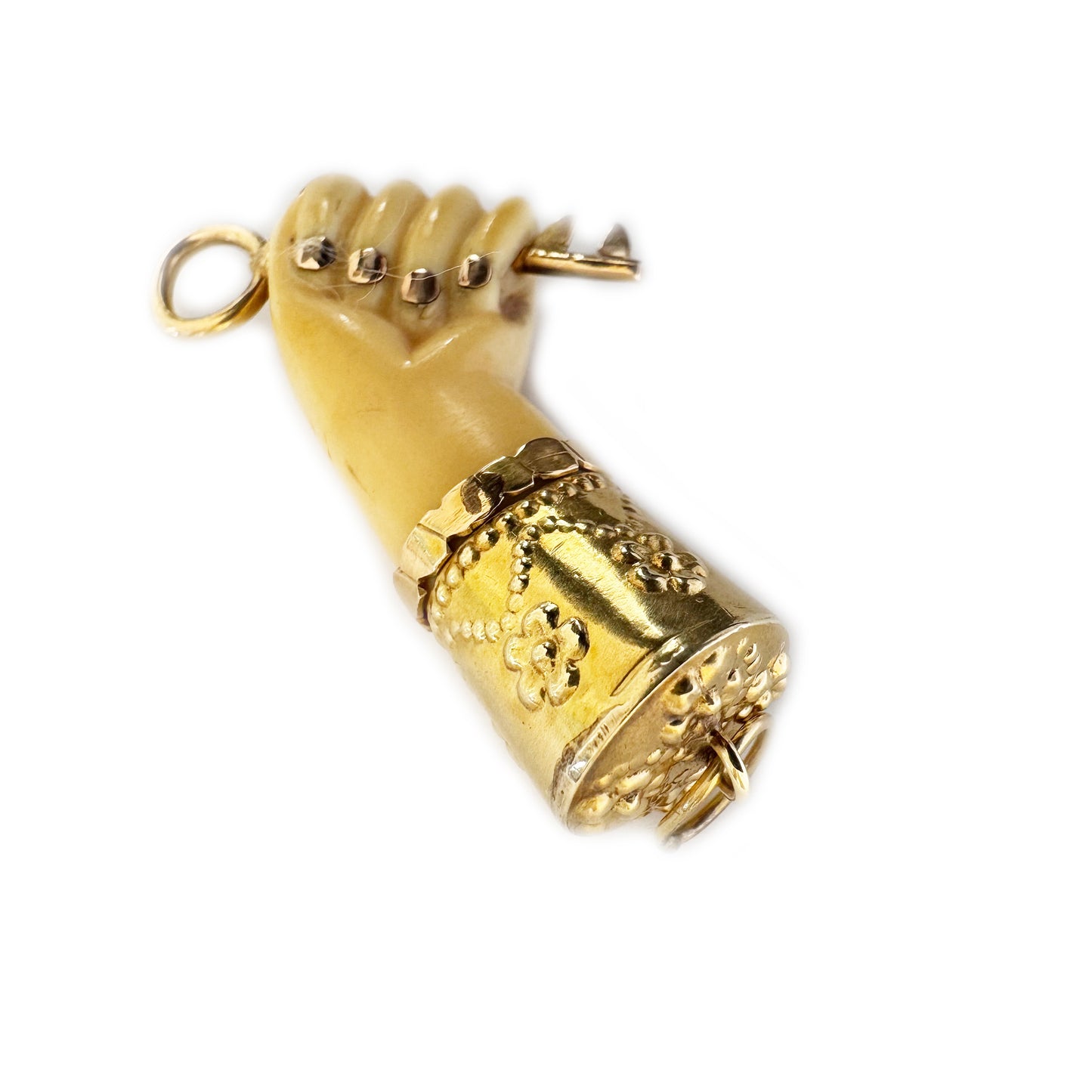 Antique 14K Gold Figa, 1940s, Bone Tone Bakelite, Fist Hand Pendant, Key, Amulet, Charm, Mano Fico Pendant, Figa Charm, Evil Eye Pendant