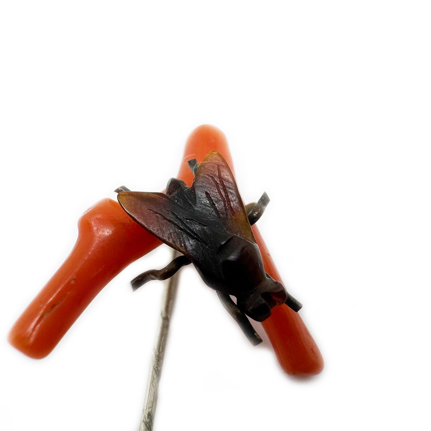 Antique Coral Pin, Victorian Coral Branch Stick Pin Brooch, Carved Horn Fly Insect Tie Pin, Novelty Treasure, Lucky