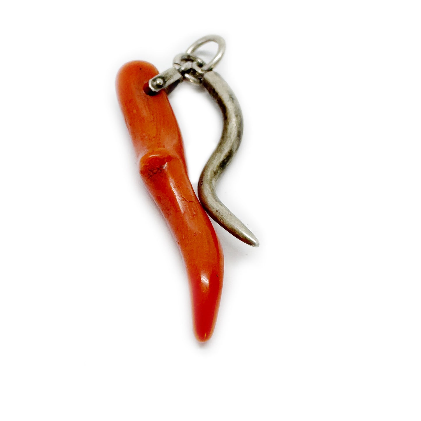 Antique Coral & Silver Amulet, Italian Talisman Charm, Natural Mediterranean Coral Horn, Evil Eye Good Luck Pendant