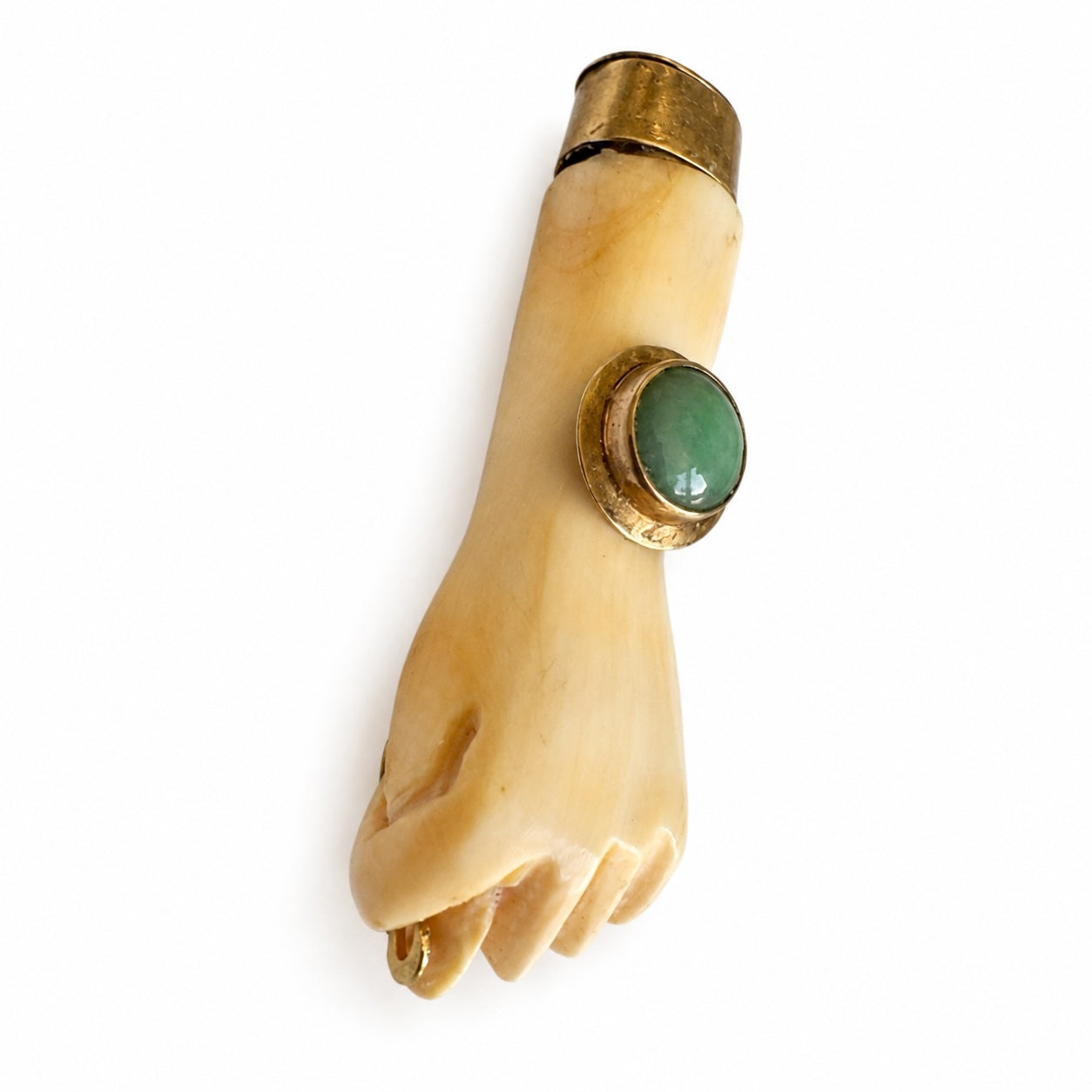 Antique 9K Gold Bone Figa Pendant, Mano Fico Hand Amulet, Lucky Charm, Green Cabochon, Evil Eye Talisman, Italian Fist Pendant