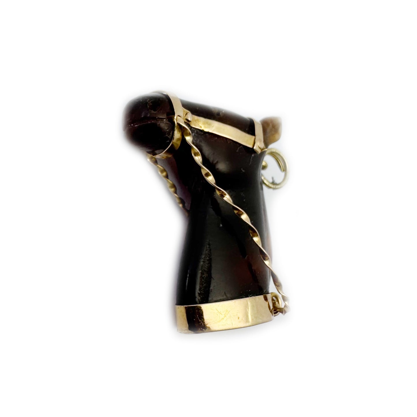 Vintage Horse Head Charm Pendant, Stained Horn & 14k Gold, Equestrian Jewellery, Mid Century Animal Talisman, Antique Style Gold Charm