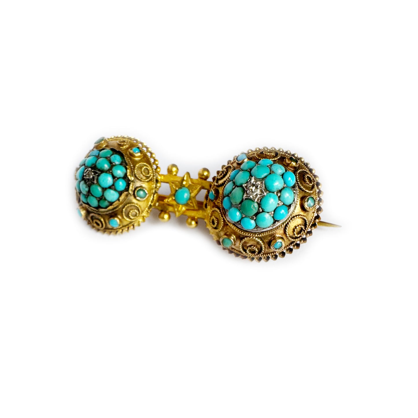 Antique Victorian 15k Gold Brooch, Etruscan Revival Turquoise Diamond Pin, 15ct Double Brooch, 1800s Ancient Italian Style Classical Jewelry