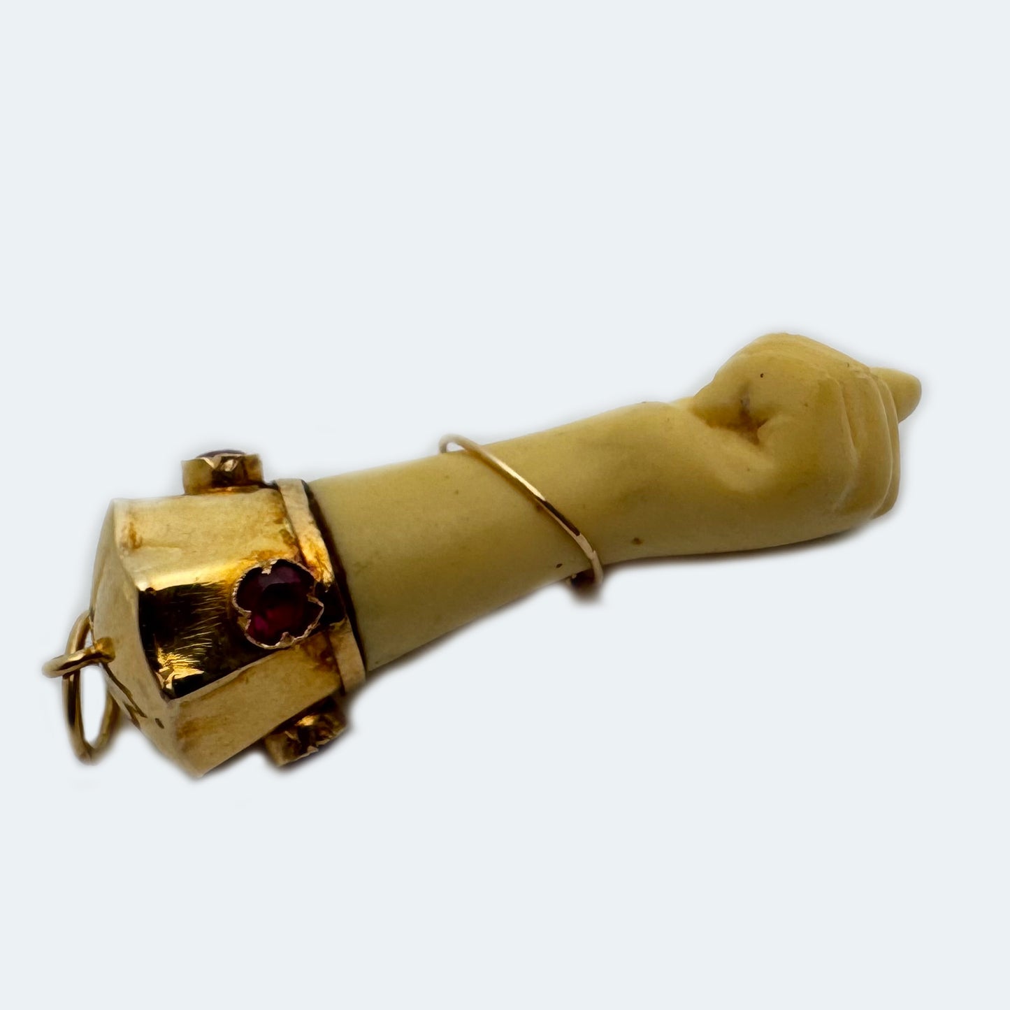 Vintage 18k Gold Figa Hand Pendant, Pink Stones, Large Protective Amulet, 1960s Good Luck Talisman