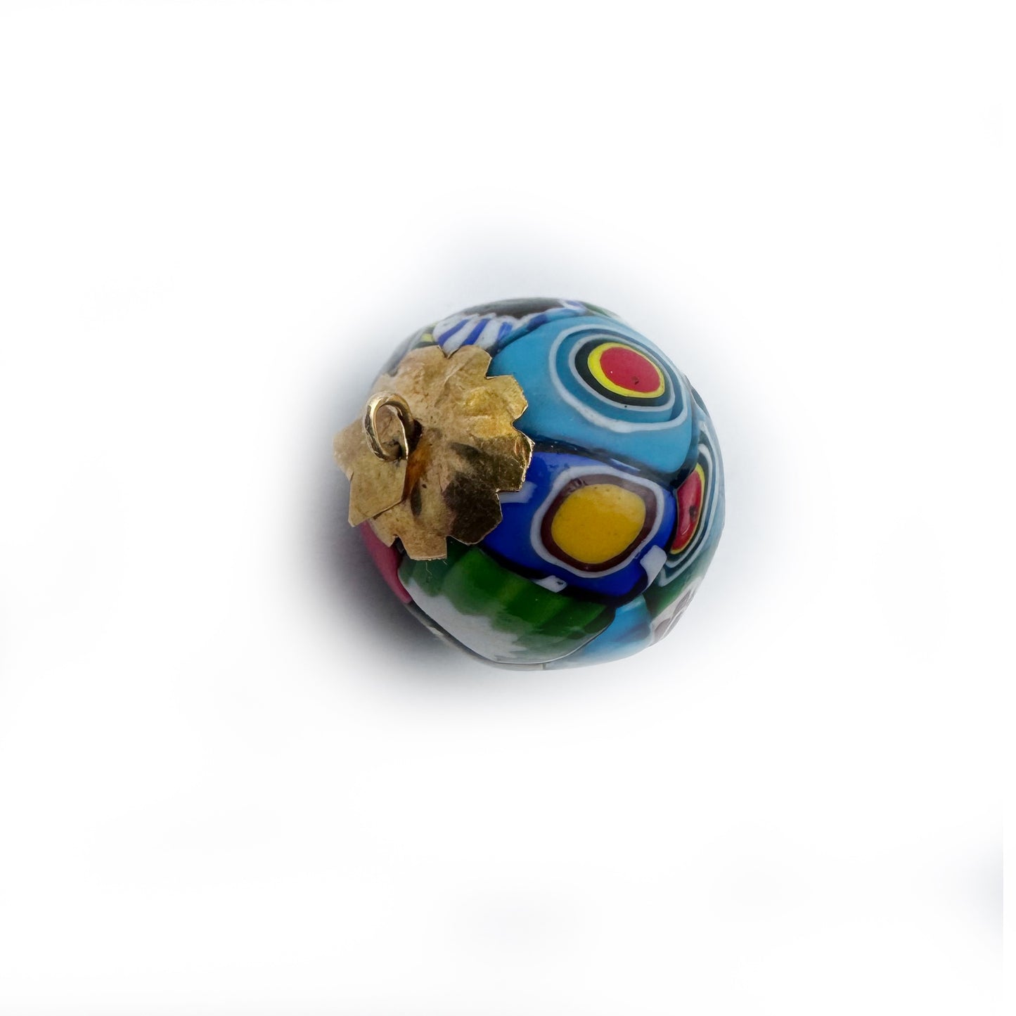 Antique 18k Gold Millefiori Glass Ball Charm Pendant , 18 ct Gold Caps, Italian Mosaic Glass