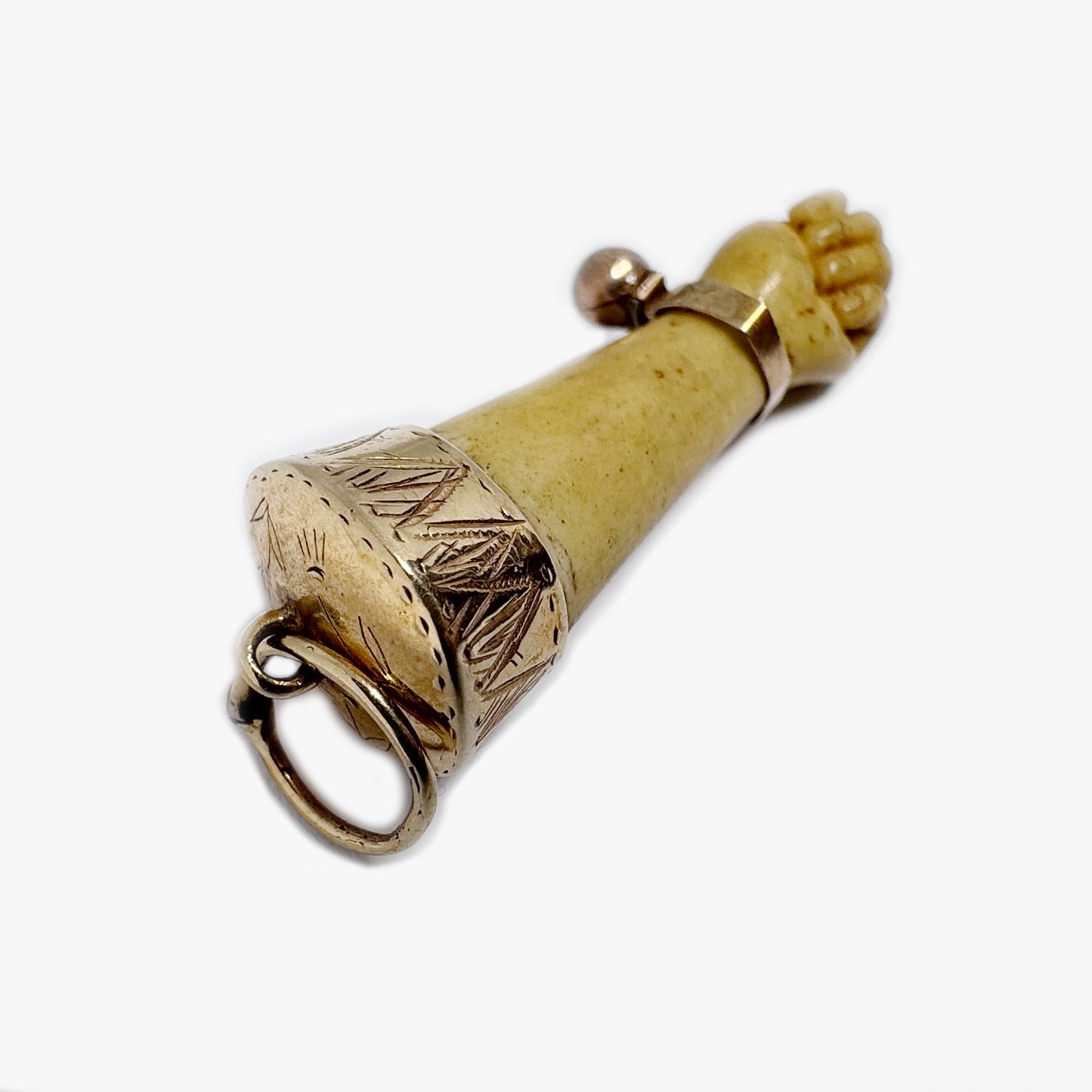 Antique Victorian Bone Figa Hand Pendant, 14k Gold Amulet Charm, Mano Fico Lucky Hand