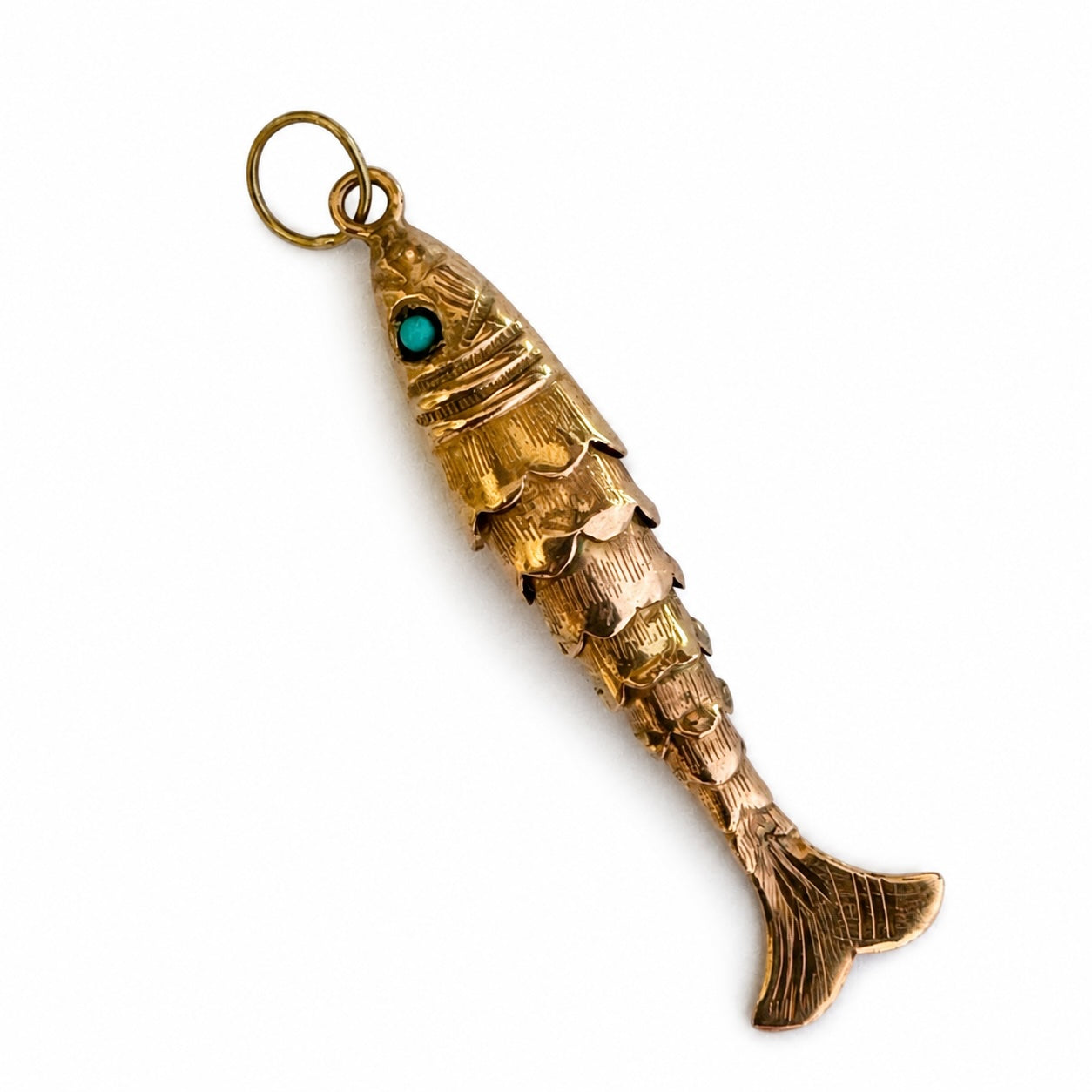 Vintage 18k Gold Articulated Fish Pendant, Moving Fish Charm, Turquoise Eyes, Mid Century 18 ct Gold Lucky Charm, Nautical Jewellery