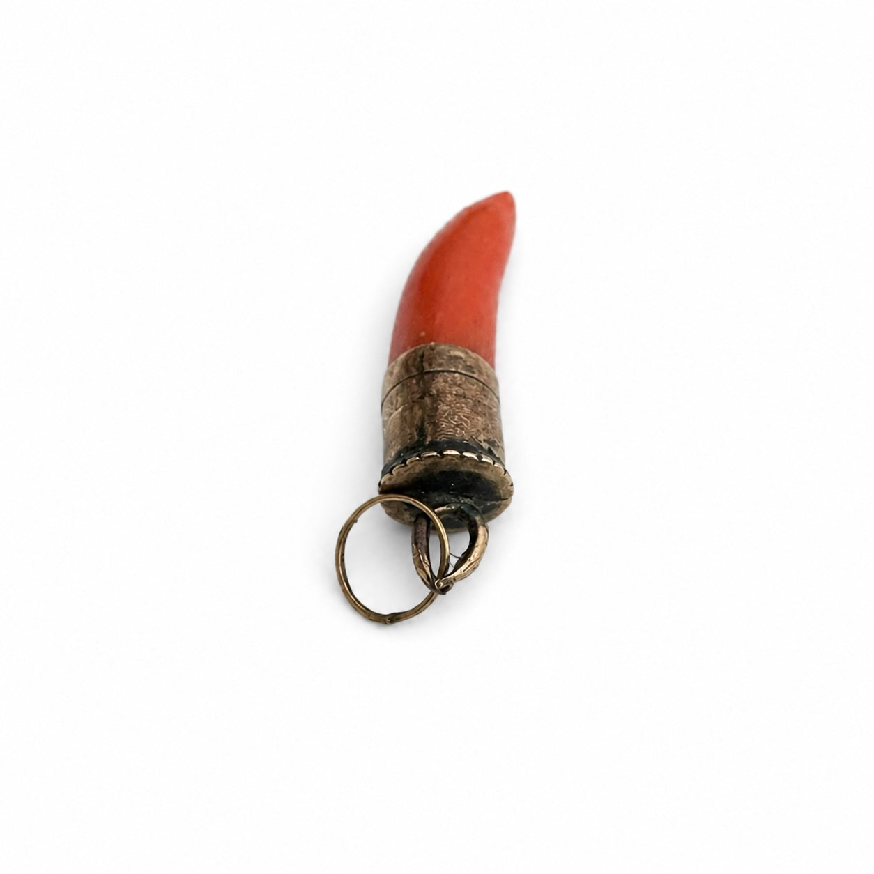Antique Italian Coral Cornicello Pendant 9k Gold Mediterranean Coral Horn Charm Victorian Talisman, Evil Eye Lucky Charm