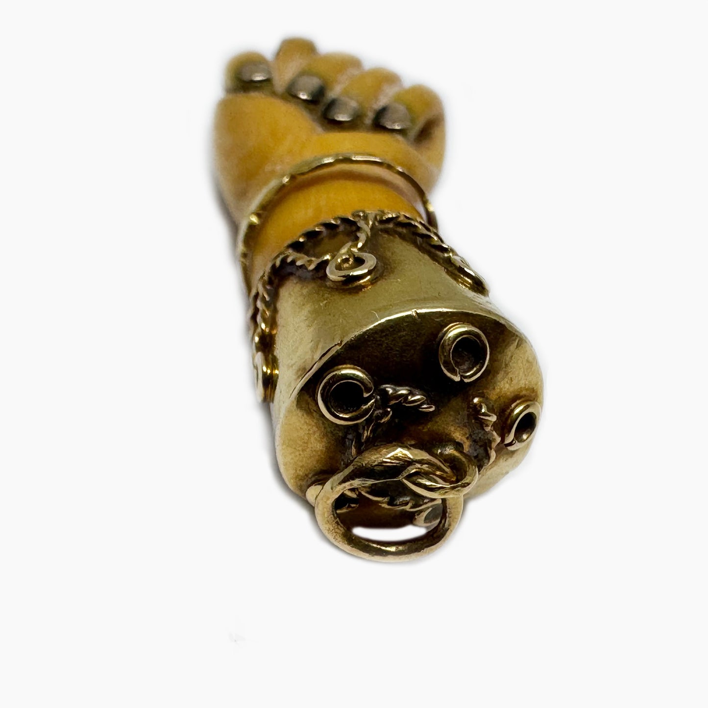 Antique Victorian Bone Figa Mano Fico Pendant, 18k Gold Mounted Hand Amulet, c.1800s Lucky Charm