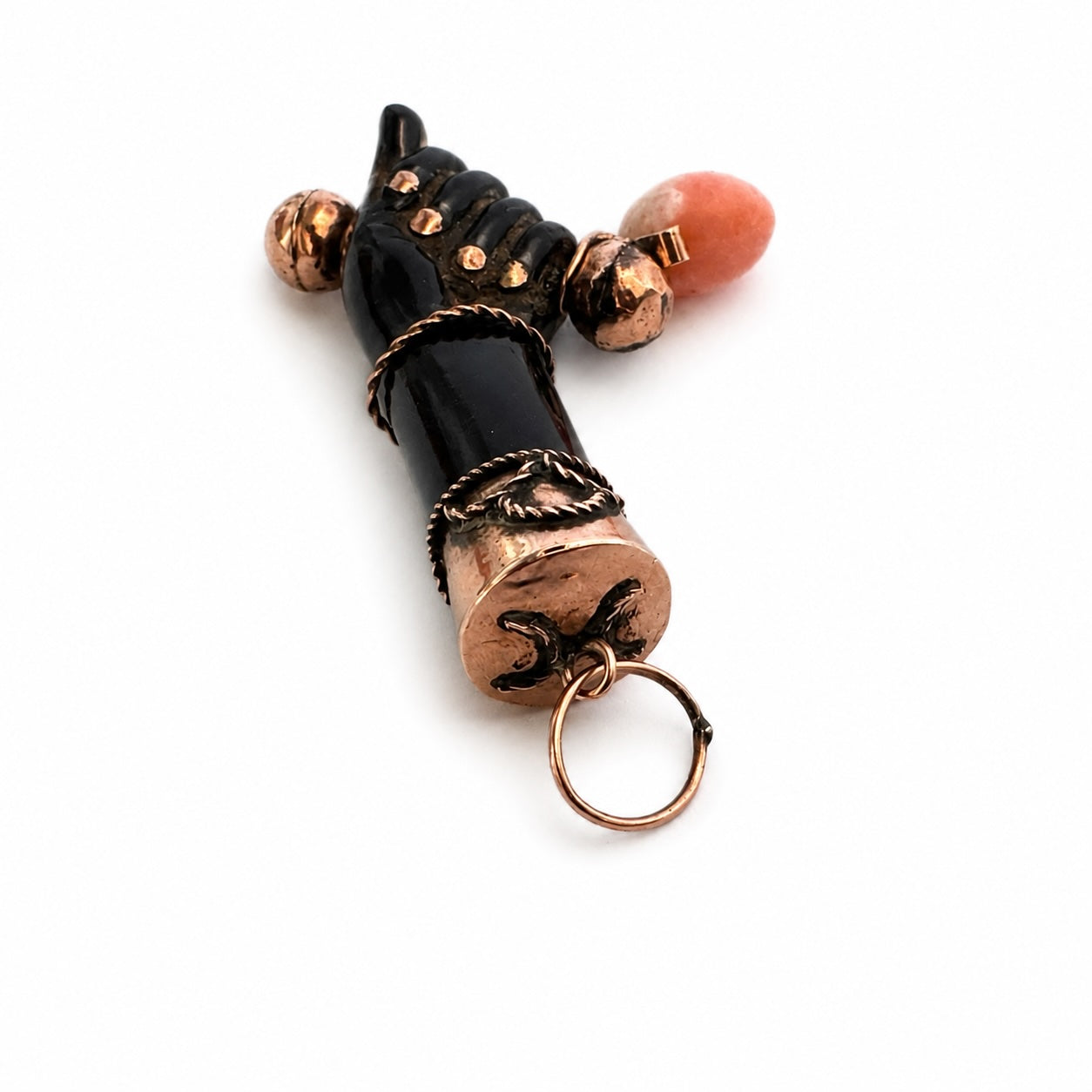 Antique 9k Gold Black Figa Pendant, Coral Heart Charm, Lucky Hand Amulet, Mano Fico, Italian Good Luck Talisman, 1920s Charm