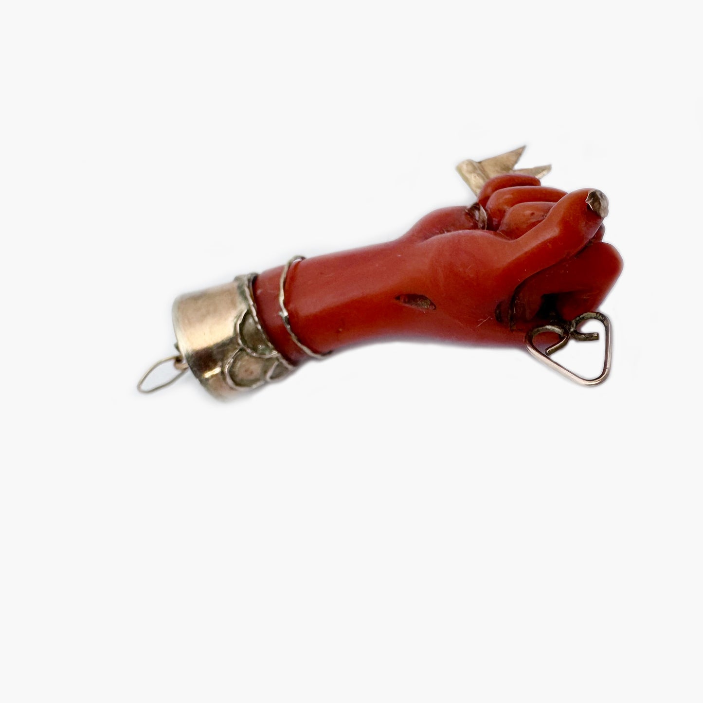 Antique Victorian Coral Figa Charm, 9k Gold Mano Fico Fist Pendant with Gold Key, Lucky Amulet