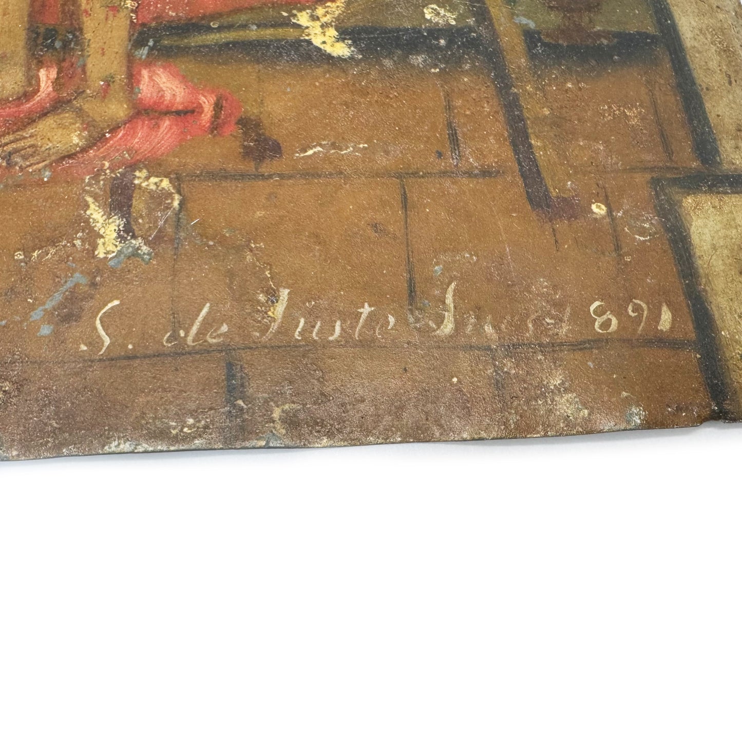 Antique Christ Mocked Painting on Tin Metal Panel, Ex Voto Religious Folk Art, 1891 Sacred Heart Icon, Primitive Catholic Devotional Art