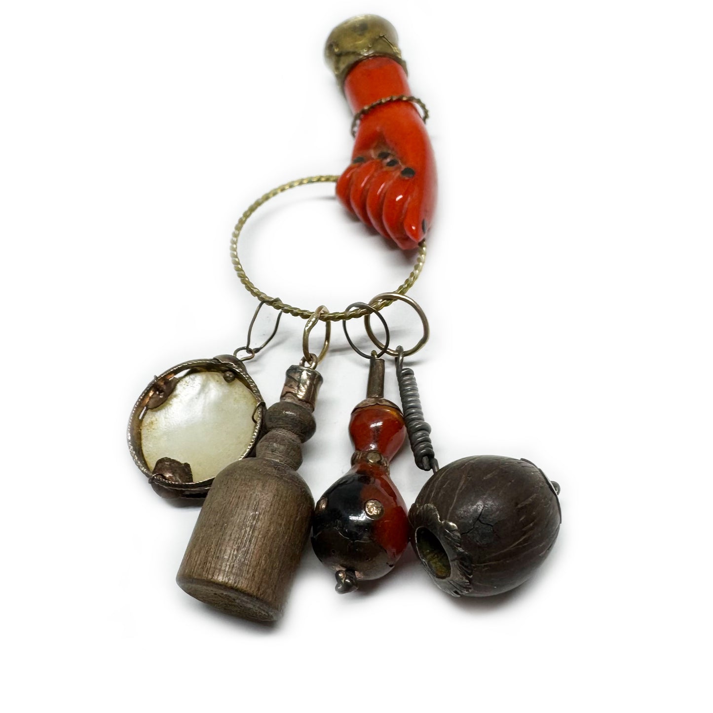 Vintage 1960s Red Figa Charm, Mano Fico Amulet with Mini Charms, Metal Bakelite Fist, Brazilian Lucky Talisman Jewelry