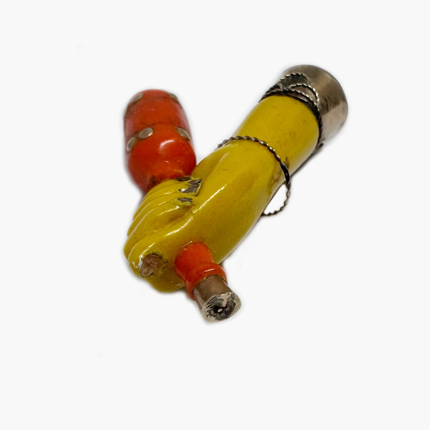 Vintage Mid-Century Resin Mano Fico Amulet with Bottle Charm, Rose-Gold Plated Setting, Folk Art Talisman, Curious Ex-Voto Style Pendant