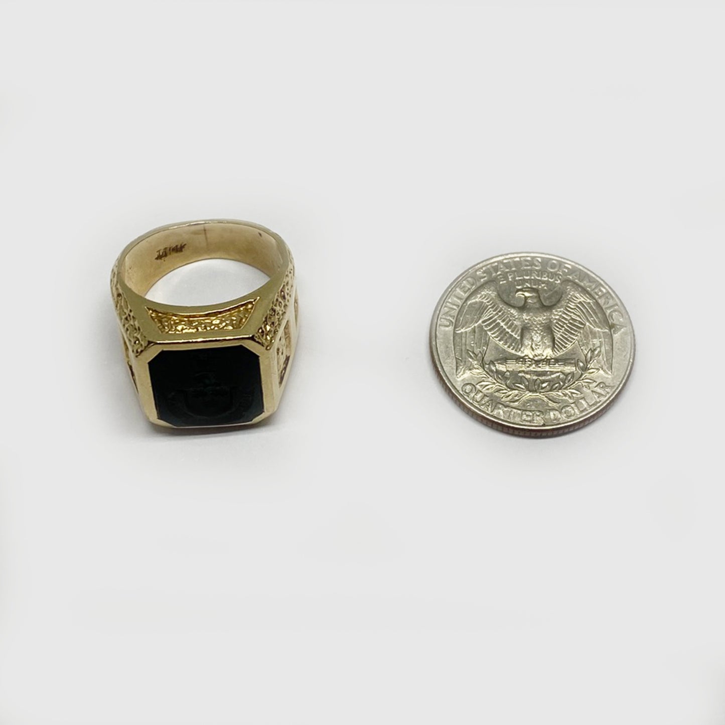 Antique 14k Gold Intaglio Ring, Heraldic Coat Of Arms Motto, Blood Stone Signet Ring
