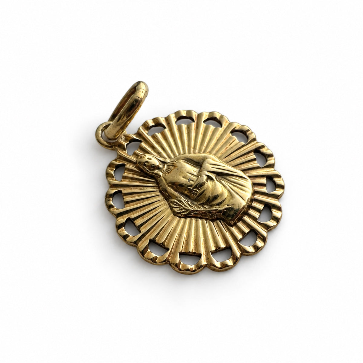 Antique 18k Gold Virgin Mary Medal, Immaculate Heart Catholic Pendant, 1920s Portuguese Religious Jewelry