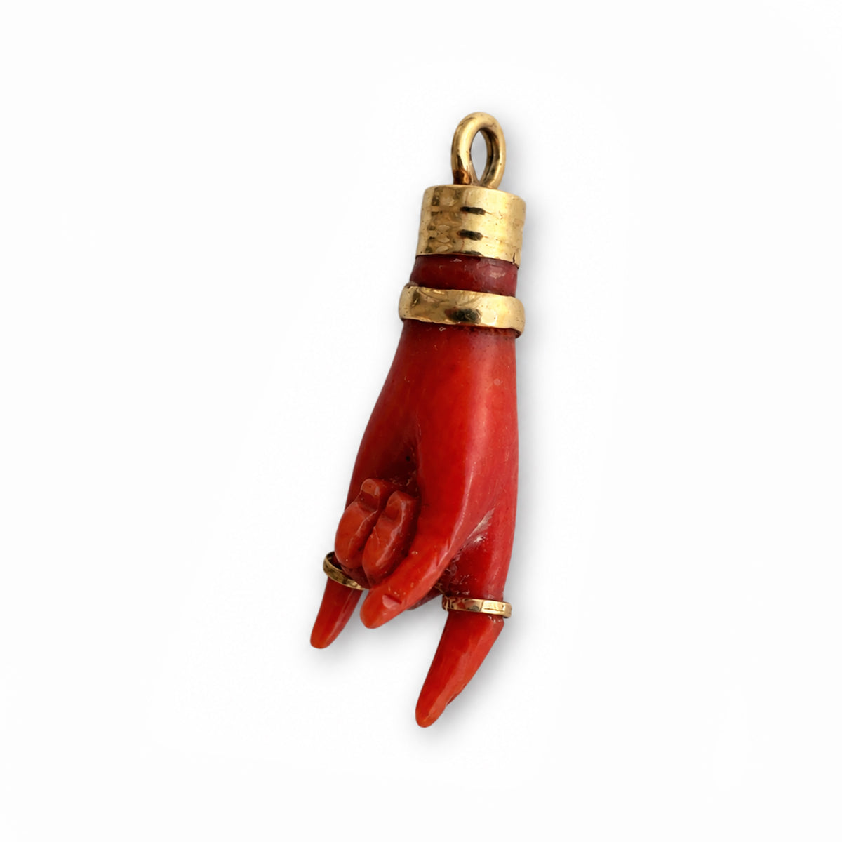 Antique 14k Coral Horned Hand, Natural Mediterranean Coral, Lucky Charm, Victorian, Figa Charm, Sign of Horn, Mano Cornuto, Evil Eye