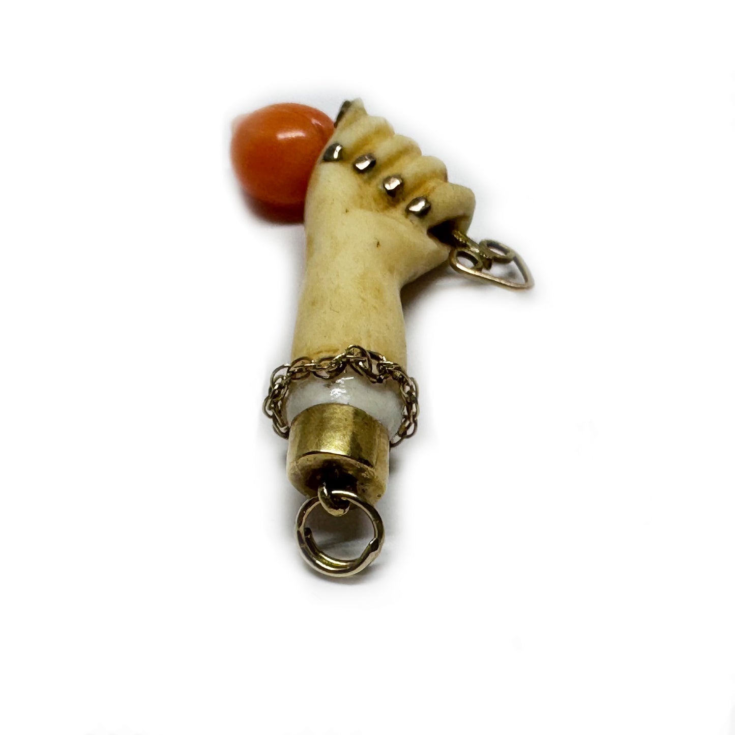 Antique Victorian Bone Figa Pendant with 9k Gold Details and Coral Rose, 19th-Century Italian Mano Fico Amulet