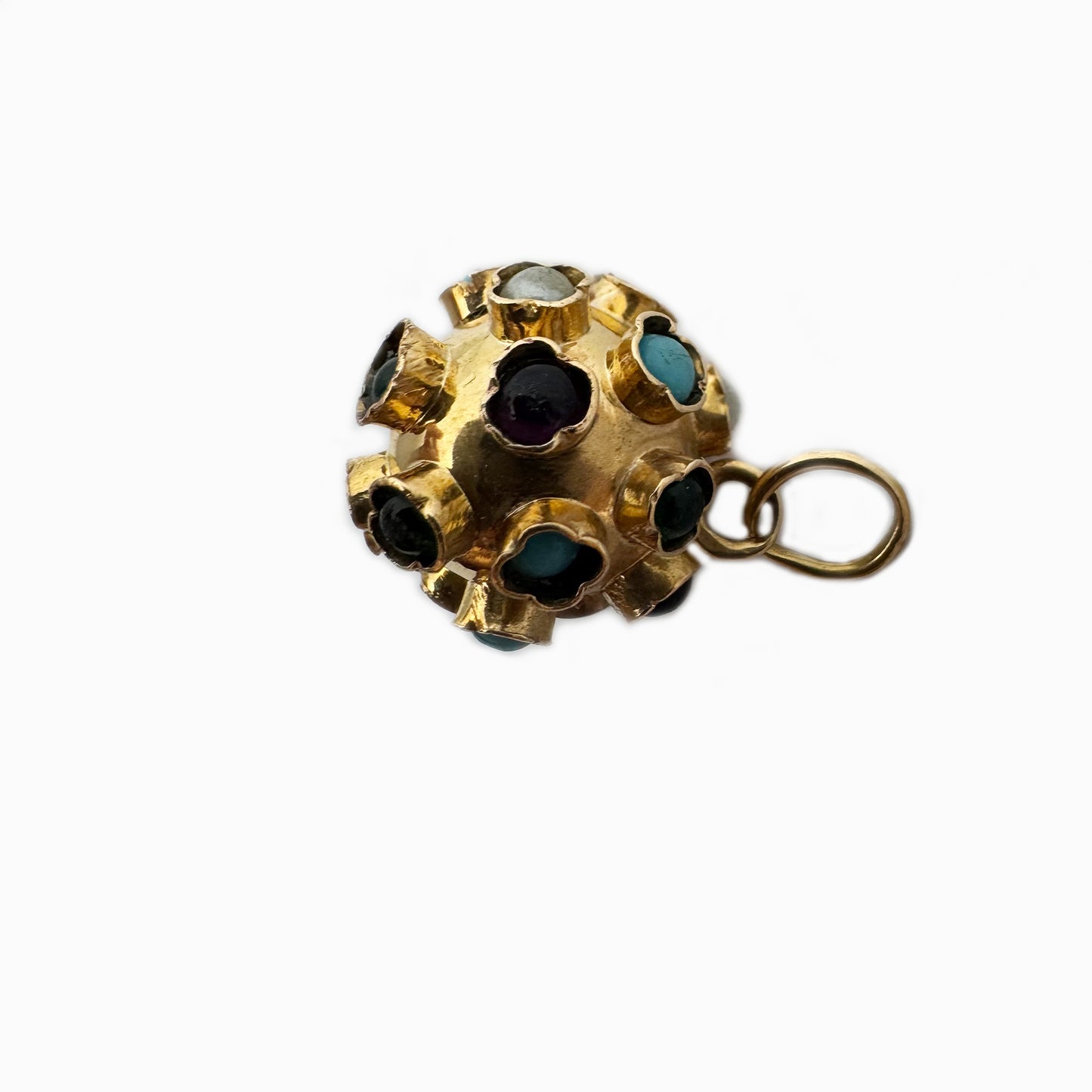 Vintage 19.2k Gold Sputnik Charm Pendant:Turquoise, Pearl & Gemstone Orb, Portuguese Gold