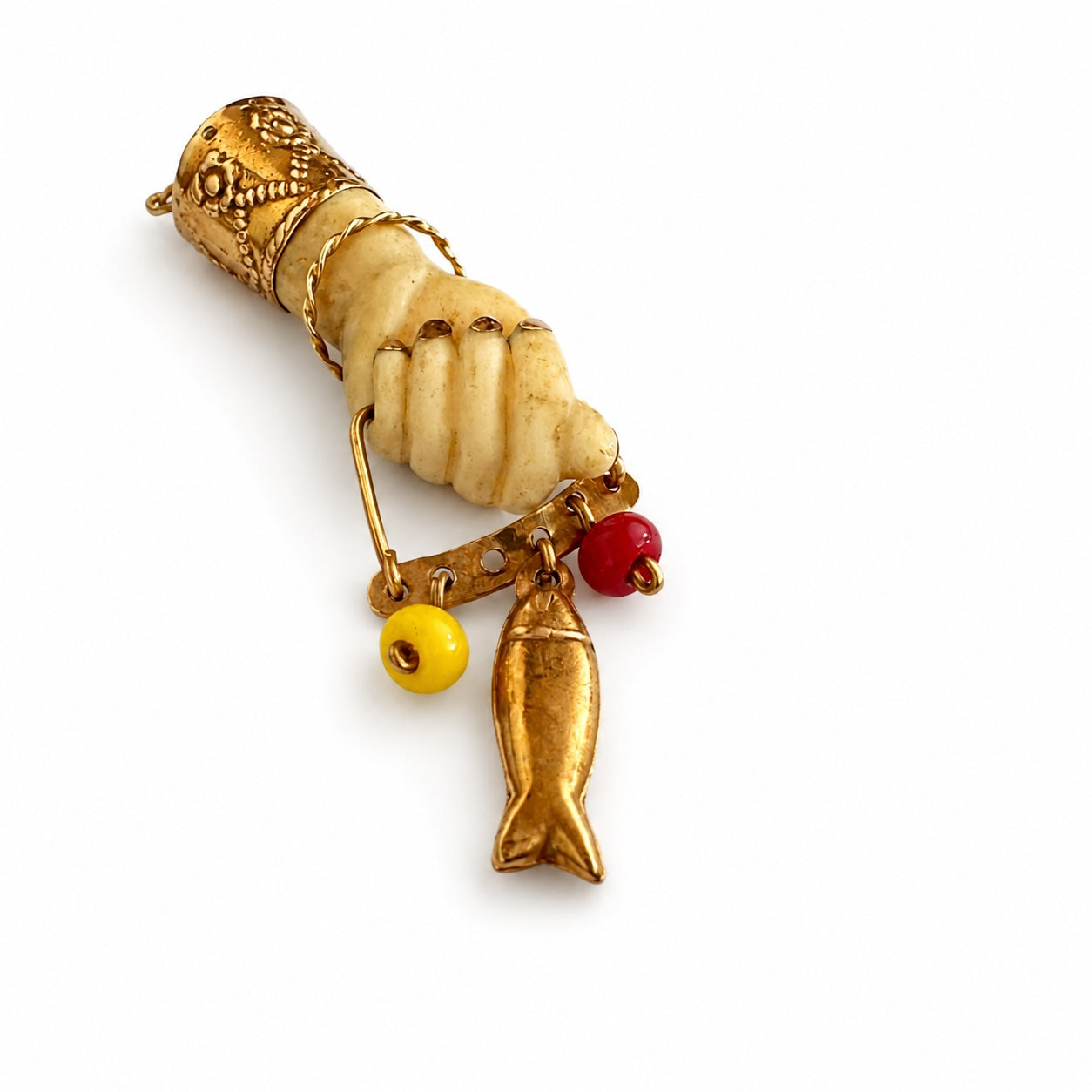 Antique 14k Gold Mano Figa Pendant: Victorian Bone Charm with Fish, Hand Pendant, Lucky Charm