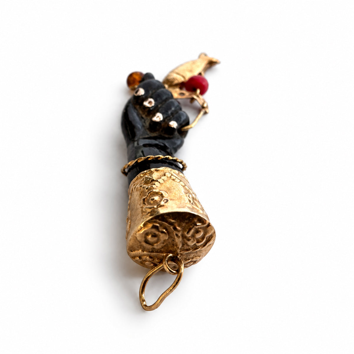 Antique 18K Gold & Stained Horn Figa Pendant, Mano Fico Lucky Charm, Fig Hand Amulet with Fish Charm, Italian Talisman, Victorian Pendant