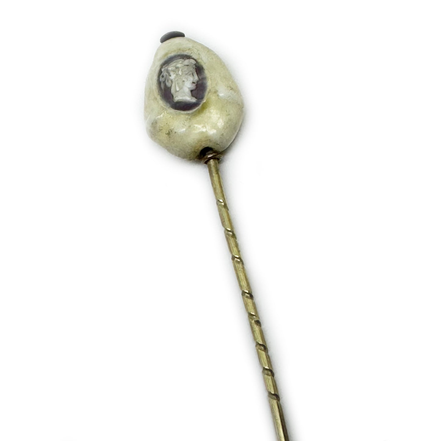 Rare Victorian Cowrie Shell Cameo Stick Pin, Antique Italian Grand Tour Gold Plated Cravat Pin, Miniature Shell Portrait, 1800s