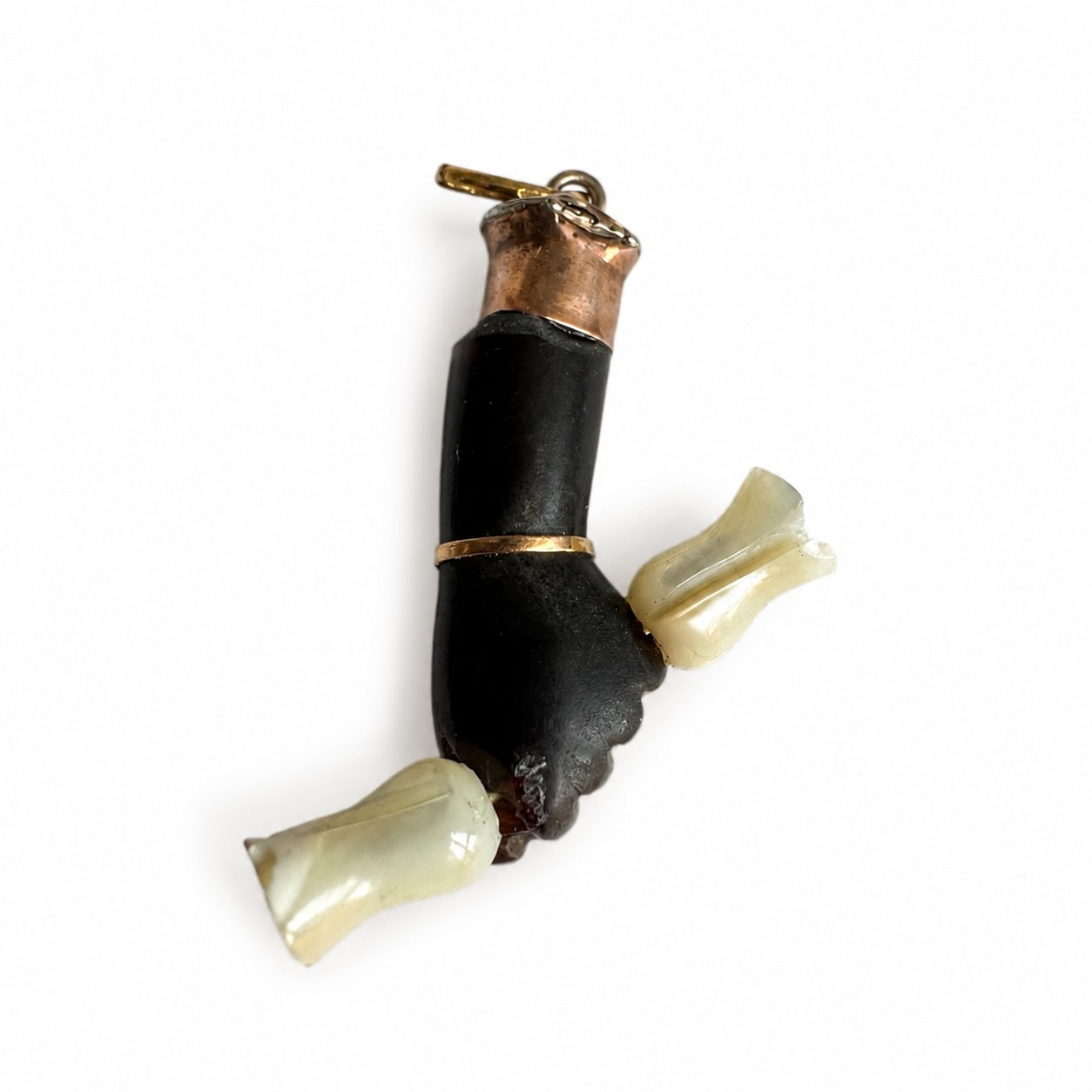 Antique Horn Figa Pendant, Victorian Mano Fico Charm, Mother of Pearl Rosebuds, Protective Amulet, Folk Talisman, Lucky Hand Charm