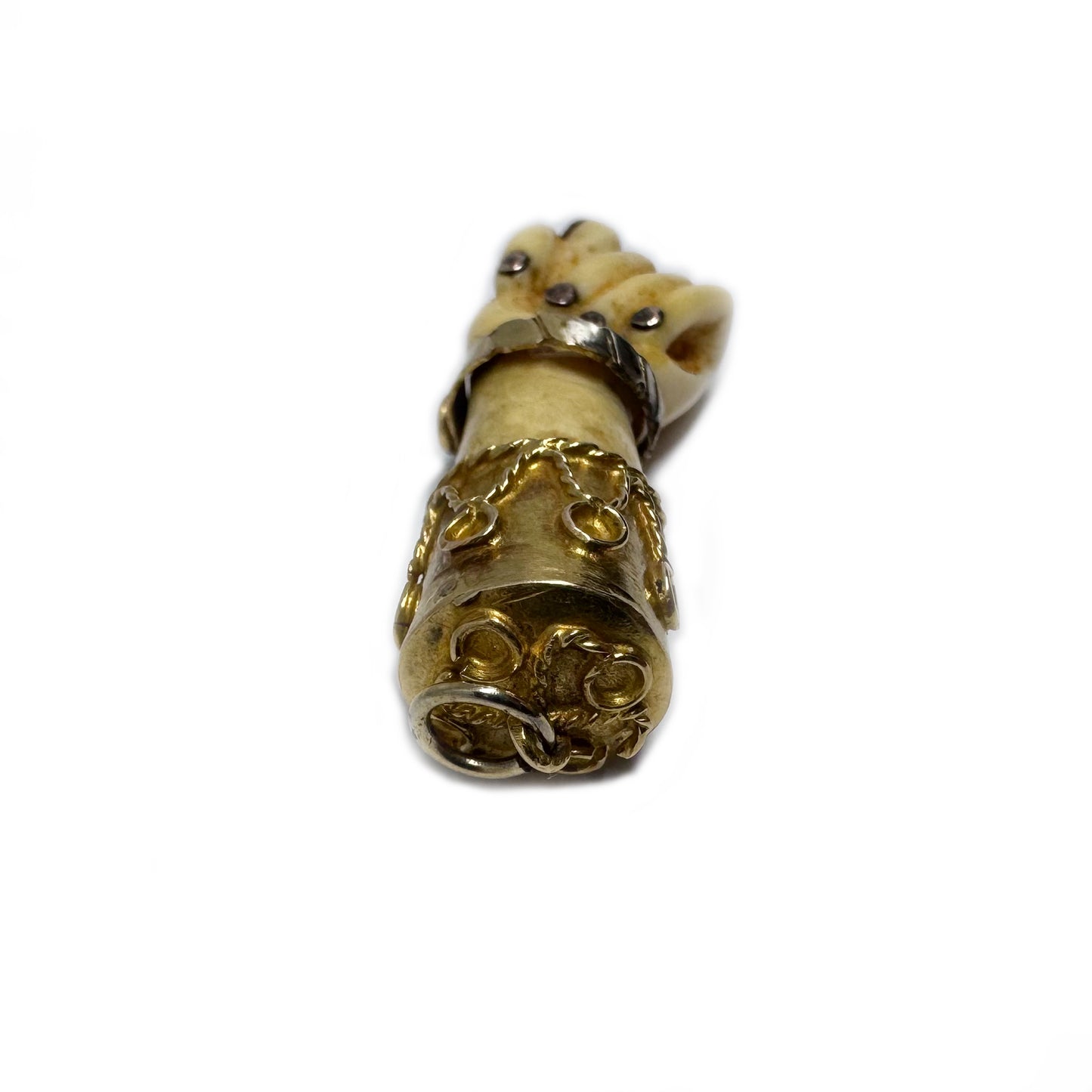 Antique Victorian Bone Figa Mano Fico Pendant, 18k Gold Mounted Hand Amulet, c.1800s Lucky Charm