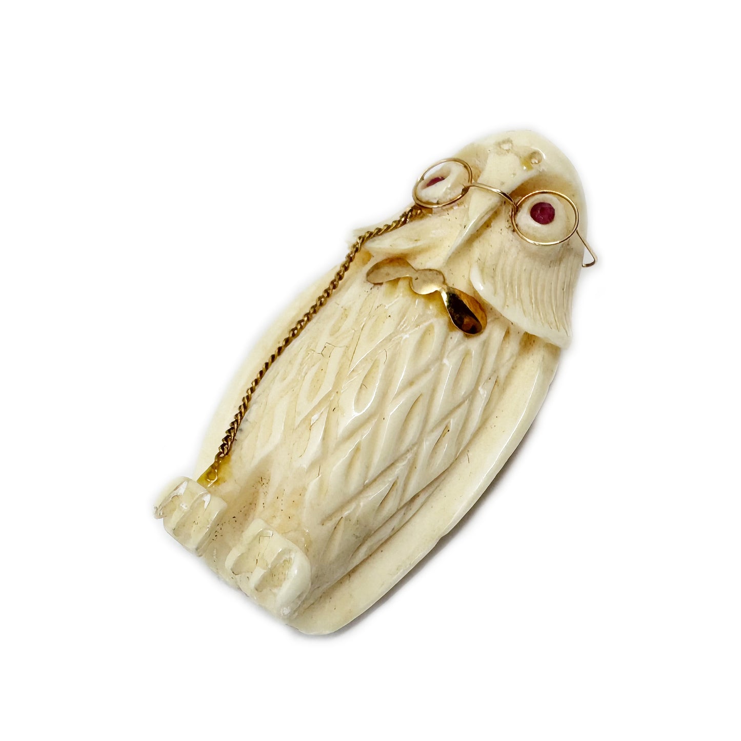 Vintage 14K Gold Owl Pendant With Glasses, Carved Bone Owl Charm, Ruby Eye Owl Necklace Pendant, Mid Century Novelty Jewellery, Wise Charm