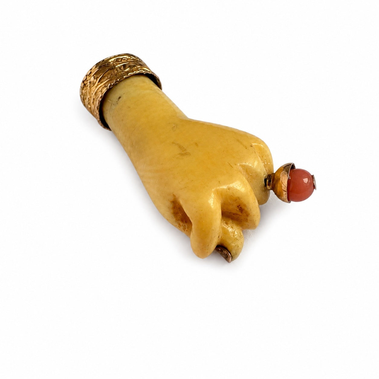 Antique Victorian Bone Figa Hand Pendant, 14k Gold & Coral Mano Fico Amulet, Lucky Talisman, Evil Eye Protection, Figa Charm