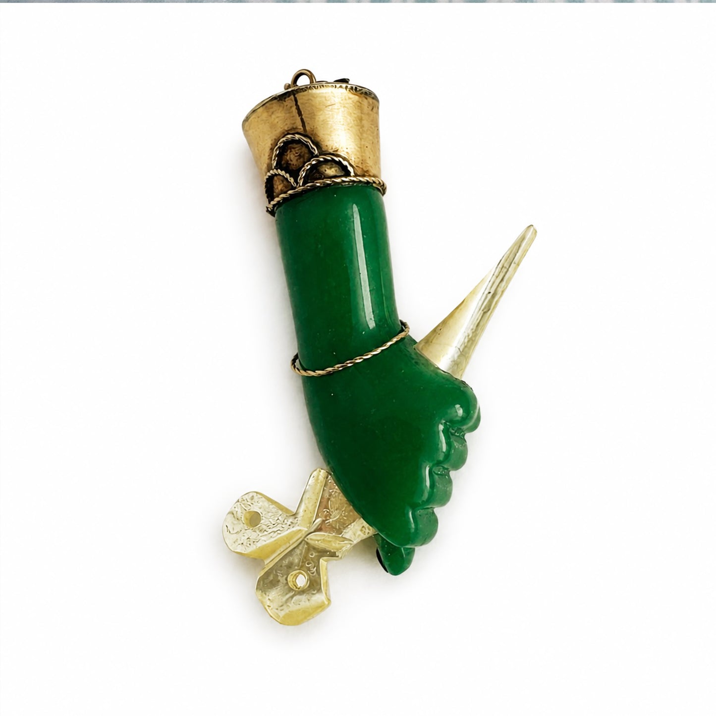 Vintage 14k Gold Green Figa Pendant, Mano Fico Lucky Charm, Mother of Pearl Scissors Charm, Protective Hand Amulet, 1950s Jewellery