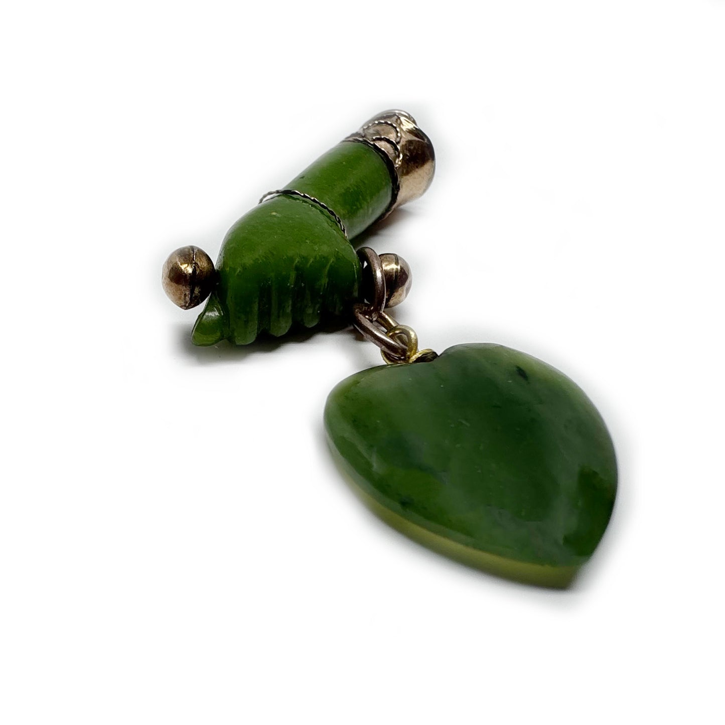 Vintage Green Figa Hand Pendant, Quartz Heart Charm, Resin Fist Amulet, Gold-Tone Mount, Lucky Protection Charm