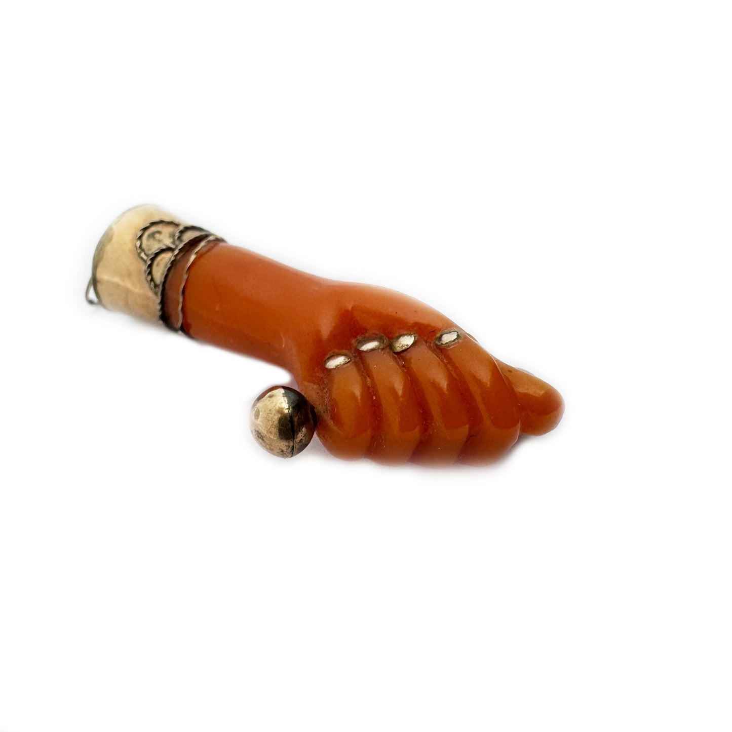 Antique 9k Rose Gold Galalith Figa Pendant, 9 ct Gold Orange Good Luck Charm, Mano Fico