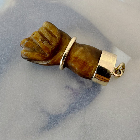 Vintage Tiger’s Eye Figa Charm in 18k Gold, Italian Mano Fico Pendant, Protective Hand Talisman, Mid Century Lucky Charm