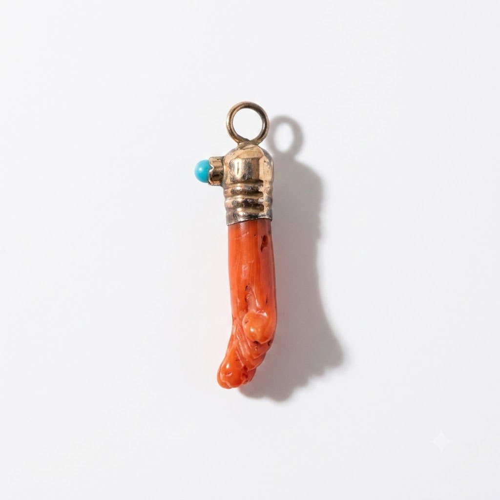 Antique Victorian Natural Coral Figa Pendant, Hand Carved Mano Fico, Gold Plated Hand Amulet, Lucky Talisman Charm, 19th Century Coral Hand