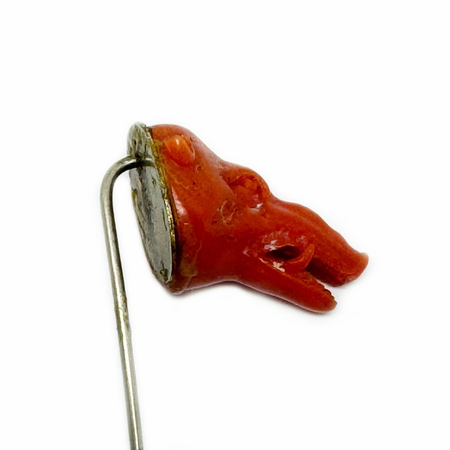 Antique Carved Coral Wild Boar Stick Pin, Victorian Animal Head Tie Pin, Mediterranean Figural Coral Jewelry