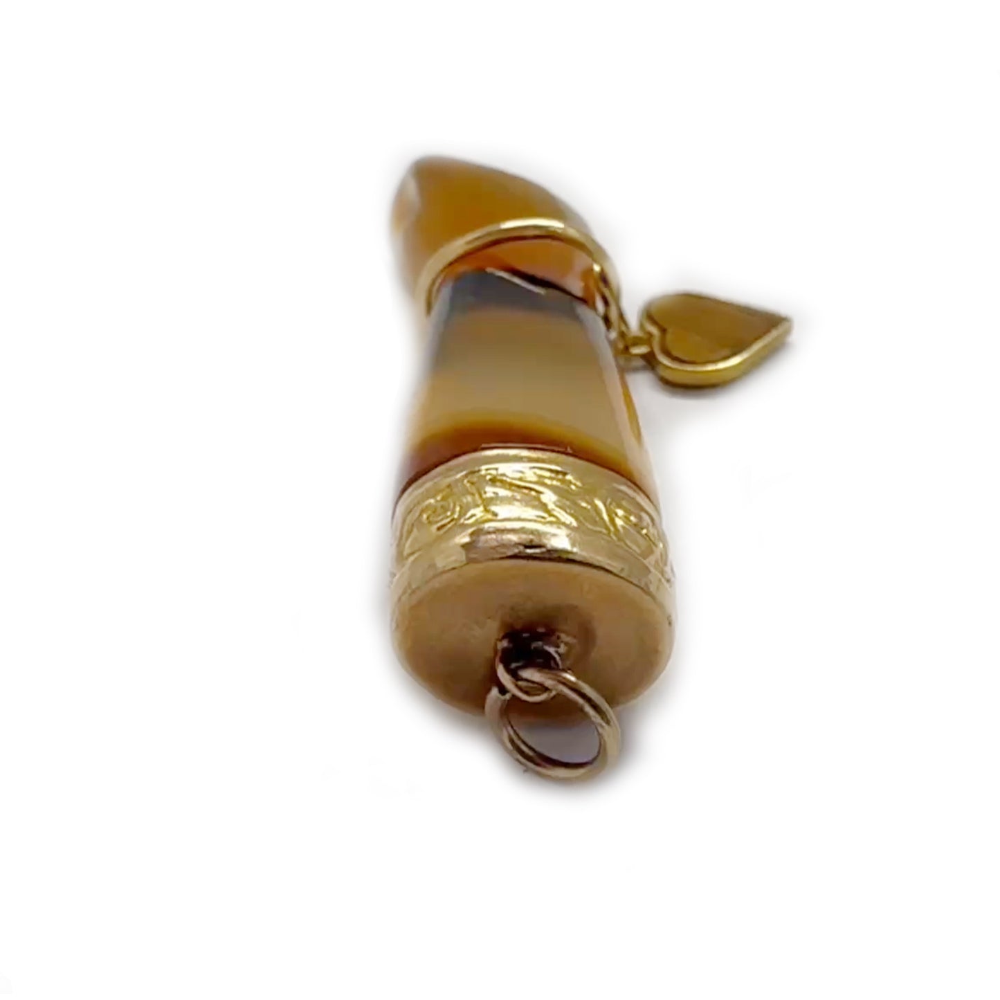 Vintage 10k Gold Agate Figa Pendant, Tiger Eye Heart, Mano Fico Charm, Antique Protection Amulet
