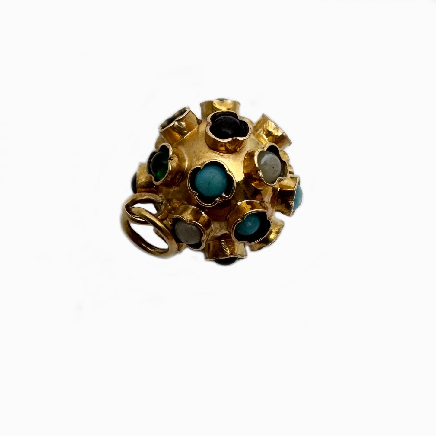 Vintage 19.2k Gold Sputnik Charm Pendant:Turquoise, Pearl & Gemstone Orb, Portuguese Gold